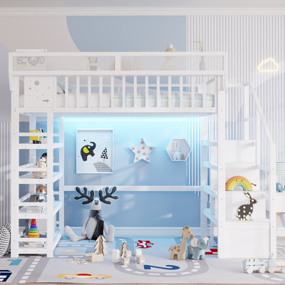 Lit mezzanine double avec rangement à 4 tablettes, station de charge et escalier pour enfants adolescents, finition blanche en métal