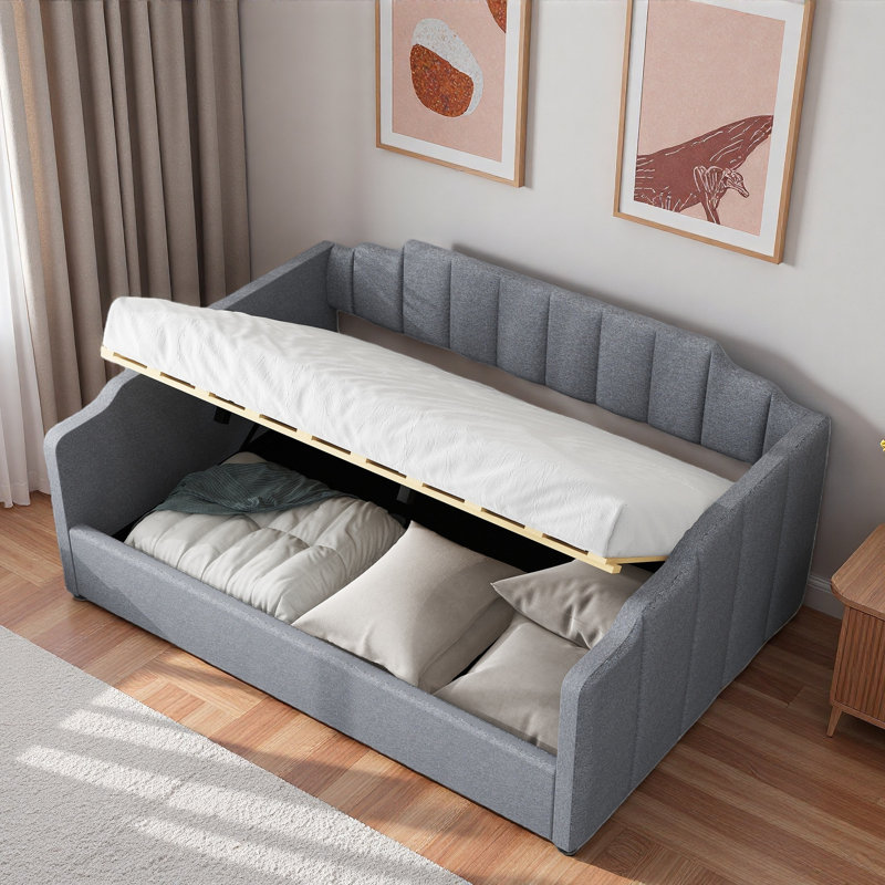 Upholstered Daybed With Underneath Storage And Vertical Striped Design, Gray