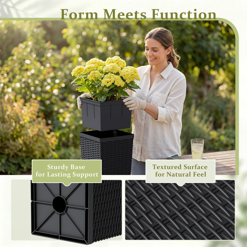 2-piece Premium Imitation Rattan Plastic Planters With Drainage Holes, Tall Planter Pots For Indoor & Outdoor Use, Black