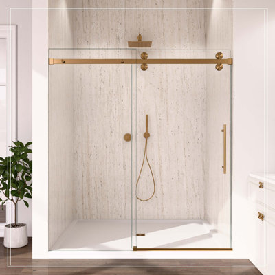 Enceinte de porte de douche coulissante sans cadre l 56 à 60 po x H 72 po, verre trempé de 5 cm d'épaisseur (8 mm) avec quincaillerie or brossé