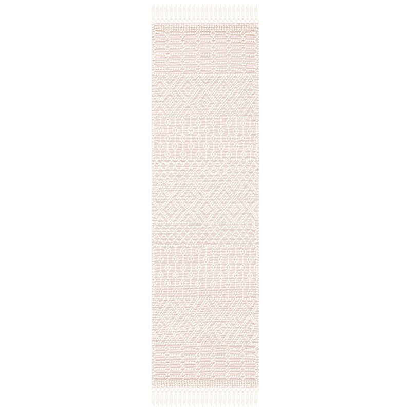 Tapis ivoire / rose en laine tissé à la main Aldeline, Tapis de couloir 2 pi 3 po x 14 pi