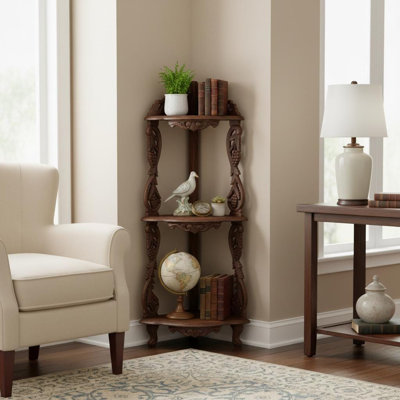 Victorian Carved Wood  54" Freestanding 3 Tier Corner Bookshelf