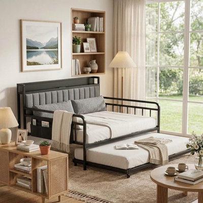 Twin Size Daybed with USB Headboard & Trundle, Black | Pull Out Couch Bed, Sofa Bed with Upholstered Headboard & Charging Station, Metal Bed Frame with Wheels, Easy Assembly