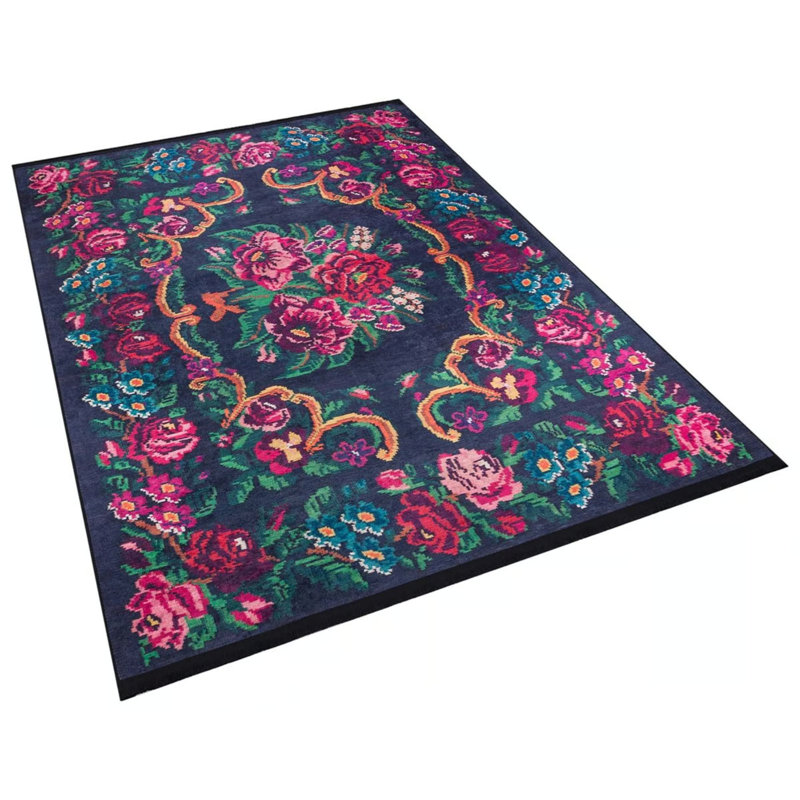 Karabag Black Pink Color Carpet Floral Design Digital Print Polyester Washable Area Rug TRKMN.55
