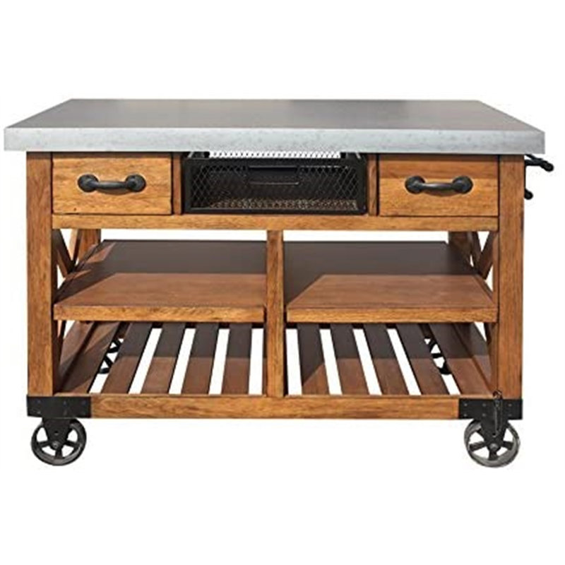 Faiyaz Transitional 3-Drawer Rectangular Kitchen Cart in Antique Oak,Kitchen Island,Coffee Cart