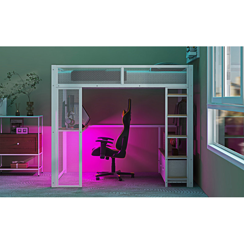 Lit mezzanine en métal avec DEL, Blanc