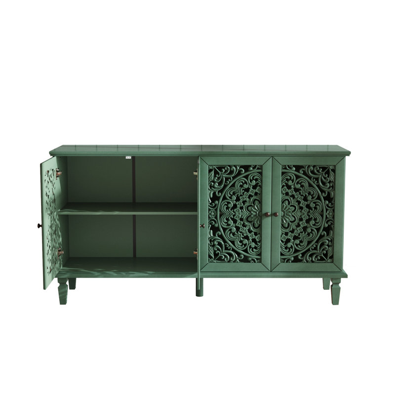 Buffet 60 "vert antique avec sculptures florales - Meuble télé et buffet en bois massif pour le salon