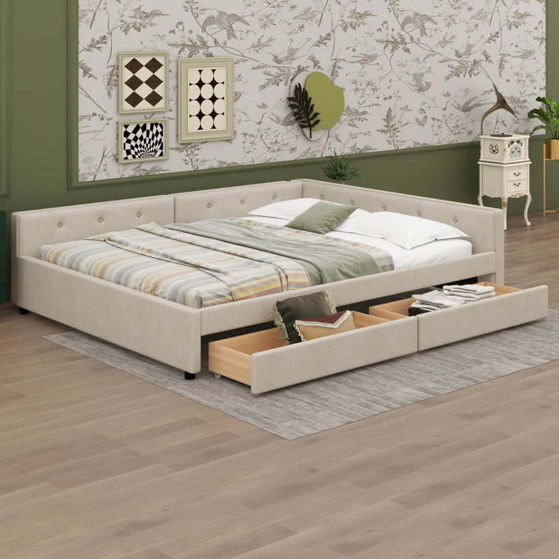 Queen Size Upholstered Platform Bed With USB And 2 Drawers, Full / Double