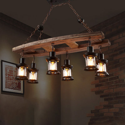 Lustre géométrique à 6 lumières pour îlot de cuisine avec détails en bois Dunsmore