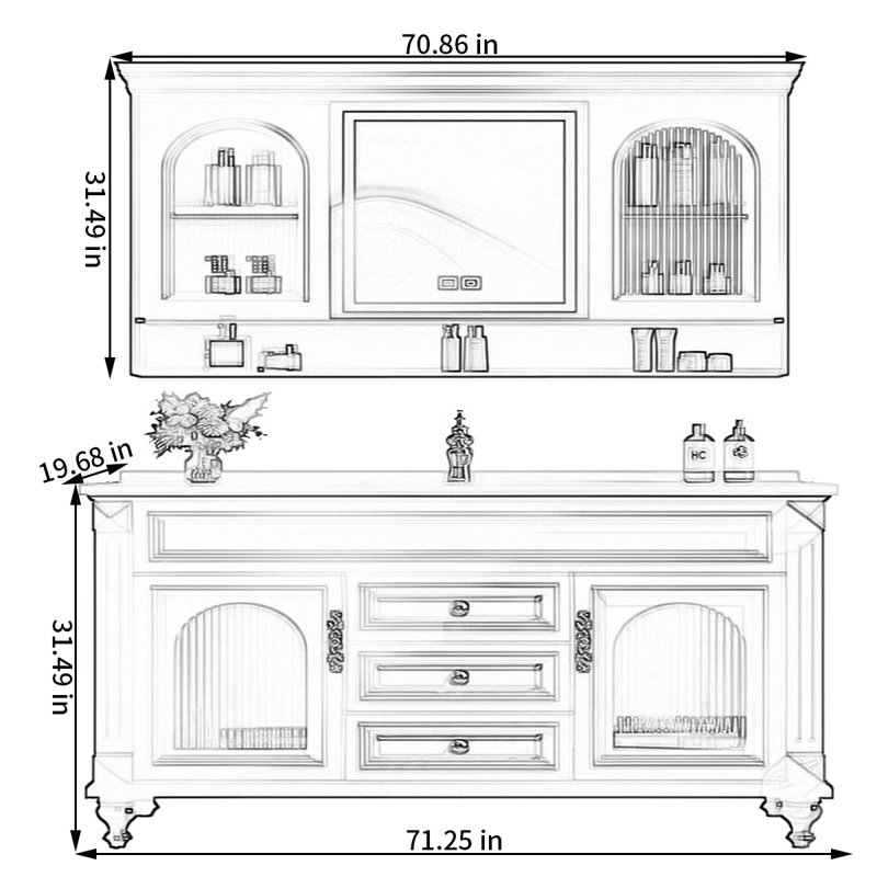American retro style rest room bathroom cabinet, 31.49" H x 71.25" W x 19.68" D