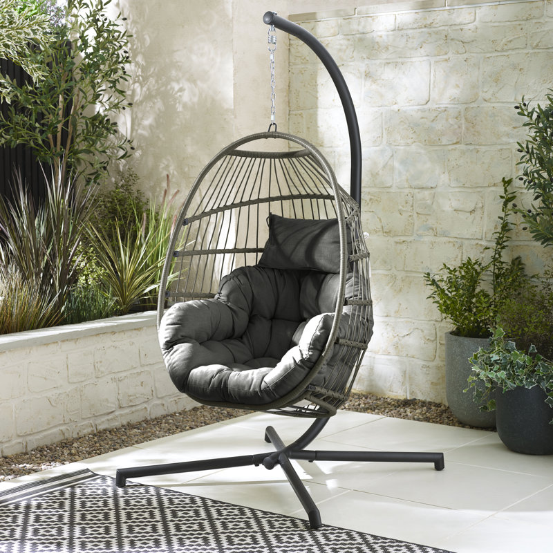 Kouts Cosy Rattan Weave Hanging Egg Chair Garden With Cushion - Contemporary Modern Design, Grey