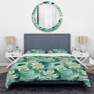 Design Art Green Mint Seamless Waves - Floral Duvet Cover Set - Microfiber Polyester In White;green