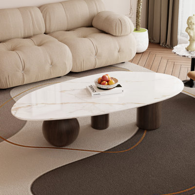 Faux Marble Modern White Coffee Table Three Legs Solid Wood Special Shape for Living Room by Wrought Studio
