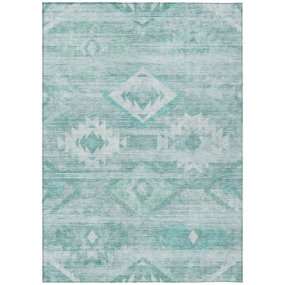 8' X 10' Aqua Turquoise And Ivory Southwestern Washable Indoor Outdoor Area Rug