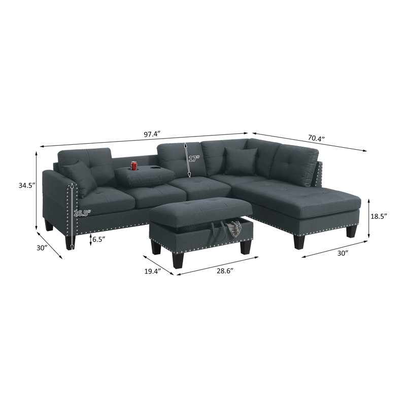 2-Piece Sectional Set, Charcoal Fabric