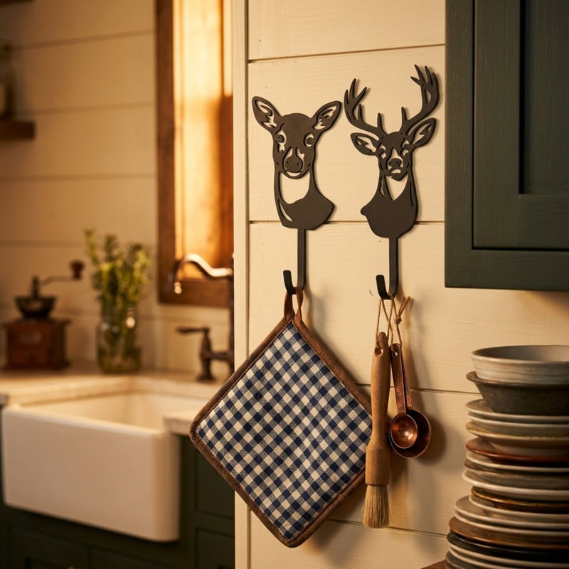 Ensemble de crochets muraux en métal décor cerf noir mat rustique