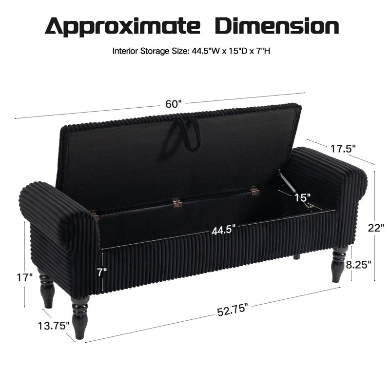 60''W Black Corduroy Storage Bench, Upholstered Bench with Storage for King Bed, Black, 22"H x 60"L x 17.5"D