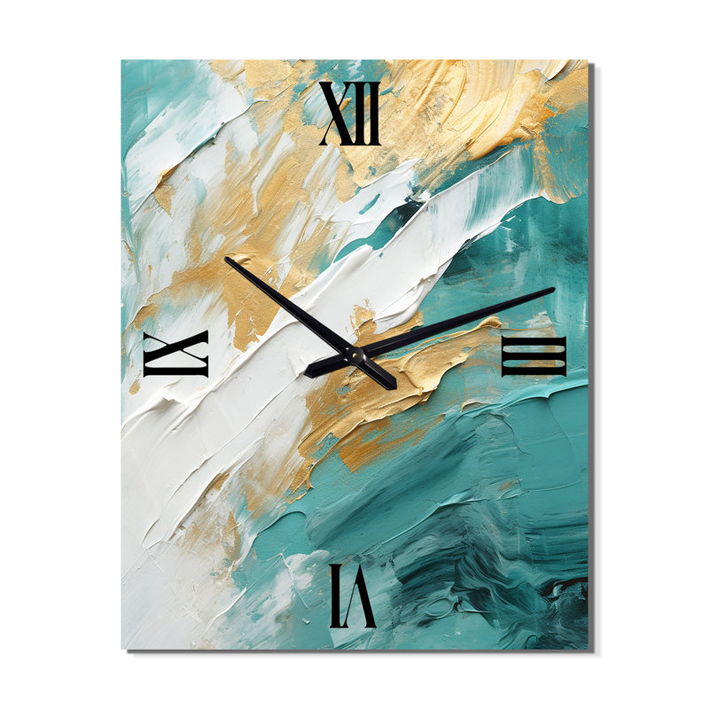 Golden Morning Glory, peinture or sur fond bleu sarcelle I - Très grandes horloges murales modernes