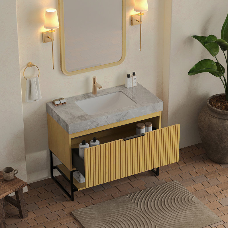 Meuble-lavabo de salle de bain 36 po YOLAN, armoire de rangement autoportante en contreplaqué rayé avec tiroir et tablette ouverte, plateau en pierre frittée gris clair et lavabo en céramique encastré, pré-assemblé, couleur grain de bois de chêne Corolla