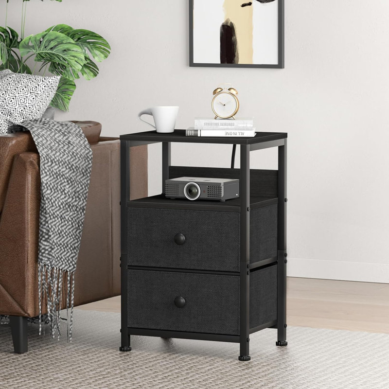 Nightstand With Charging Station & Usb Ports, End Table With Fabric Drawers Storage Shelf, Sofa Bed Side Table Night Stand For Bedroom Living Room