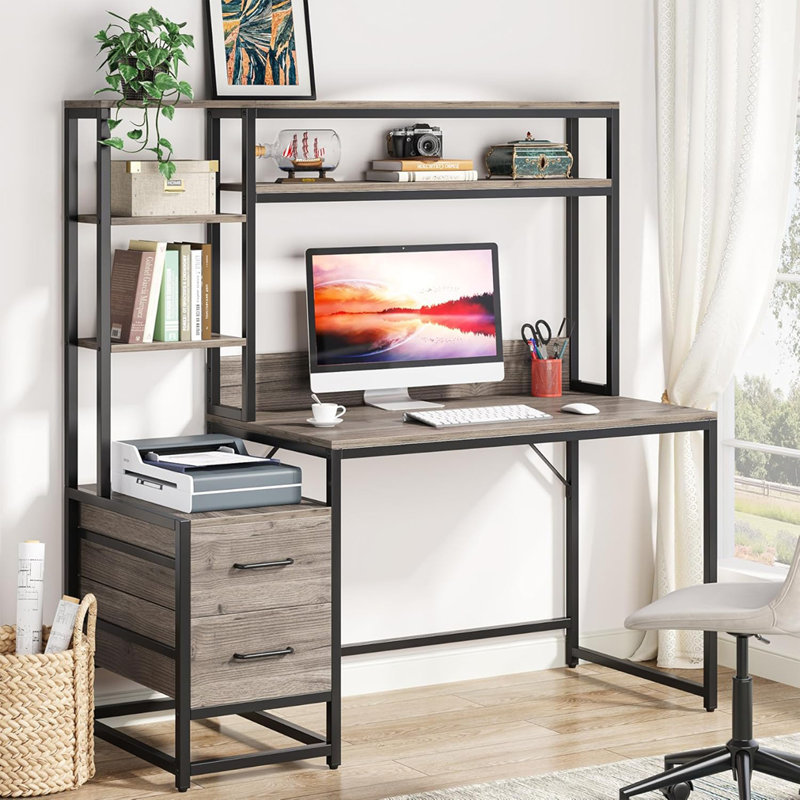 Bureau d'ordinateur 55 pouces gris avec huche, 2 tiroirs et tablettes ouvertes, Grey/Black