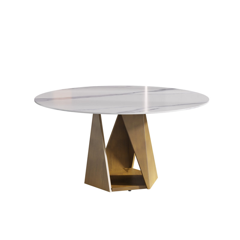 Table de salle à manger en marbre 59,05 "avec base en fer et métal bronze, marbre artificiel pour 6 à 8 personnes, table de salle à manger / cuisine de salle à manger, blanc (table de salle à manger seulement)