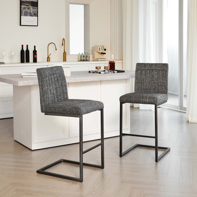 Bar Stool - Speckled Textured Fabric with Vertical Tufted Backrest, , Sturdy Metal Frame & Footrest for Kitchen Island & Home Bar,2 Sets