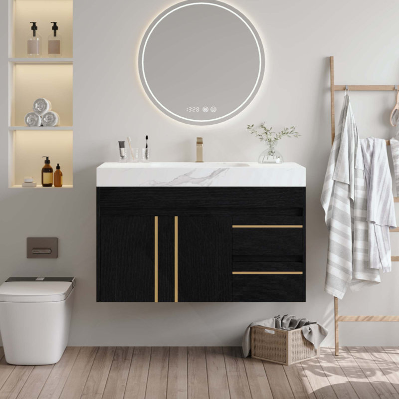 Meuble-lavabo flottant avec lavabo en céramique et plateau en faux marbre