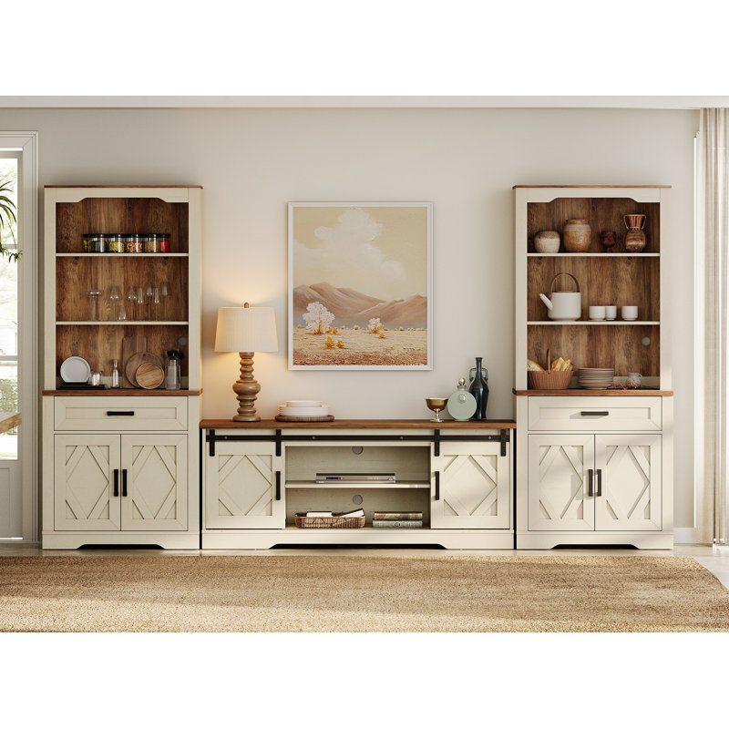 Ensemble de rangement de cuisine Glenford - 3 armoires centrales (2 portes de grange coulissantes) avec deux grands garde-manger (3 tablettes + armoires à portes de grange), H 73,3 po