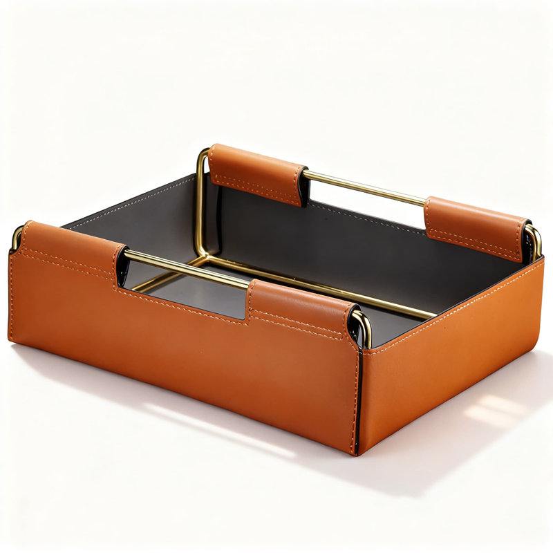 Chocolate Color, Medium Size，Handcrafted Leather Tray - Elegant Entryway Key Holder, Desktop Organizer For Jewelry, Watches, Fragrance & Essentials - Durable Metal Frame, Waterproof & Easy Clean Nordic Decor Tray