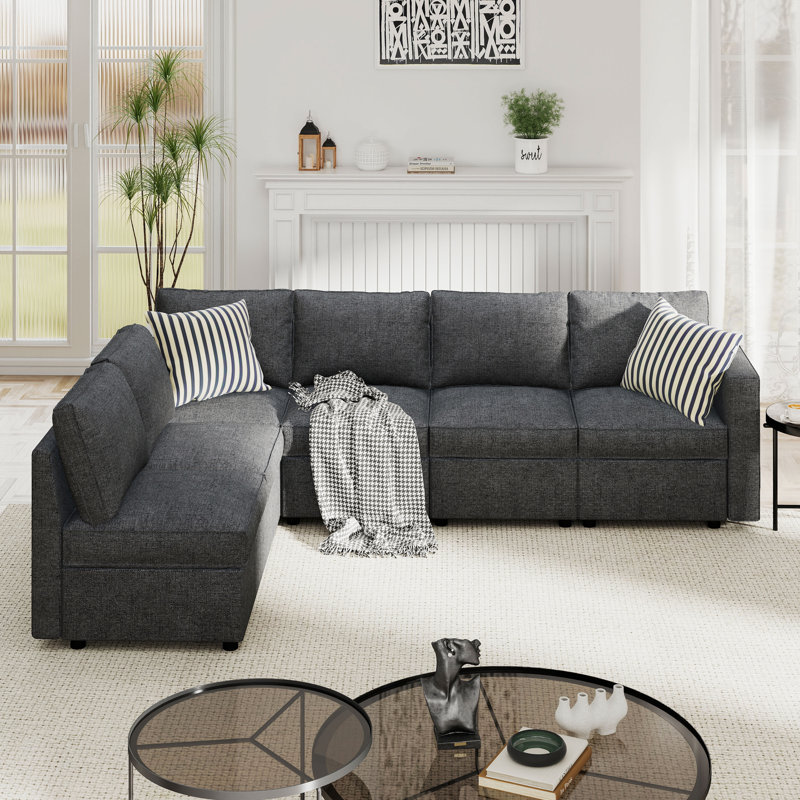 Bermea 6-Piece L-Shaped Soft Fabric Cushion Back Modular Sectional With Under-Seat Storage, Stormcloud Gray Polyester Blend