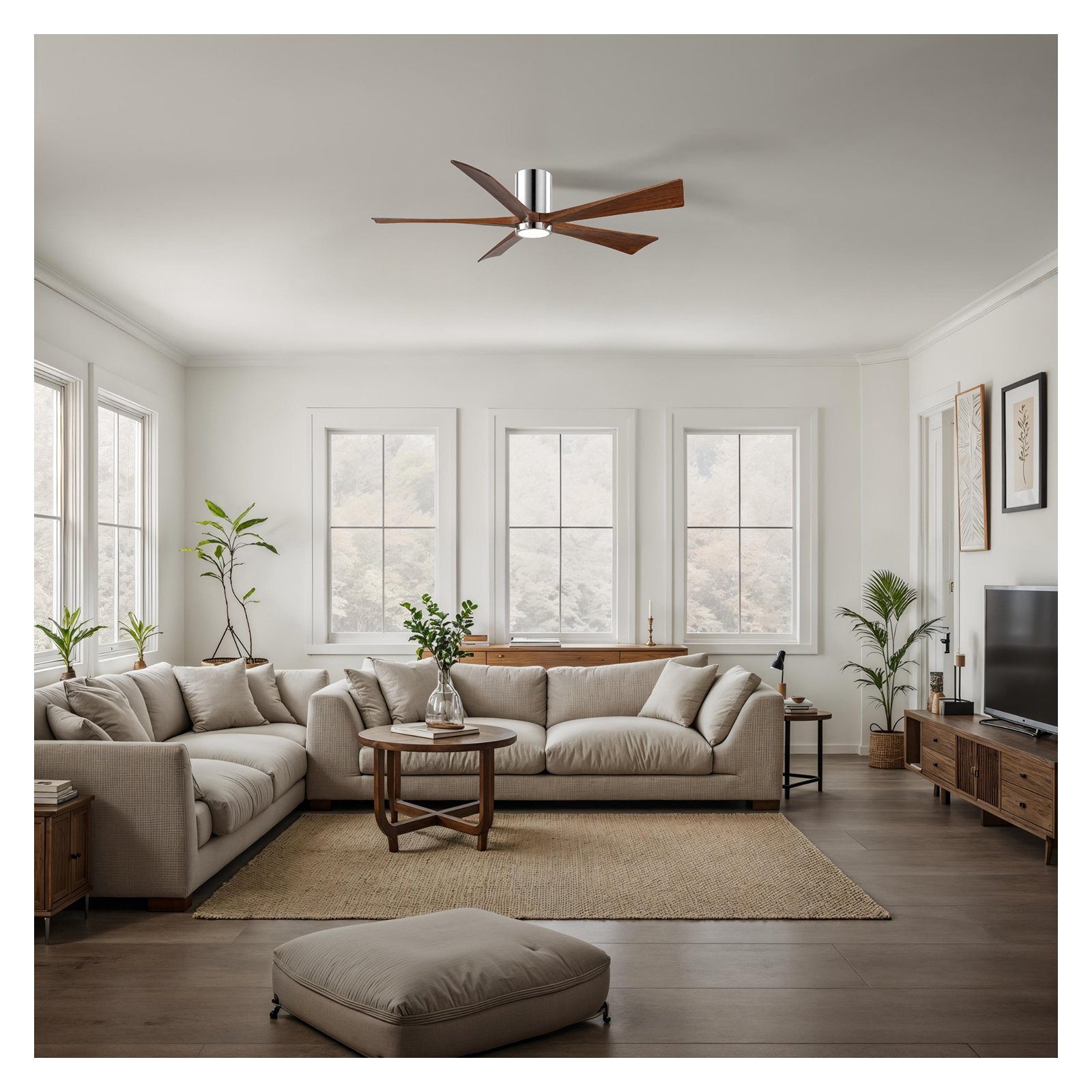 Irene 5 - Blade LED Ceiling Fan with Light Kit Included, Polished Chrome, 60", Walnut Tone