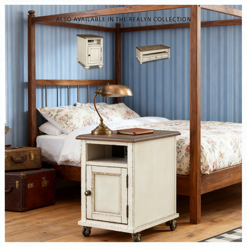 Table de bout French Country avec prises électriques et ports USB | Table d'appoint avec station de charge et tablette ouverte | Finition en bois vieilli de style chalet