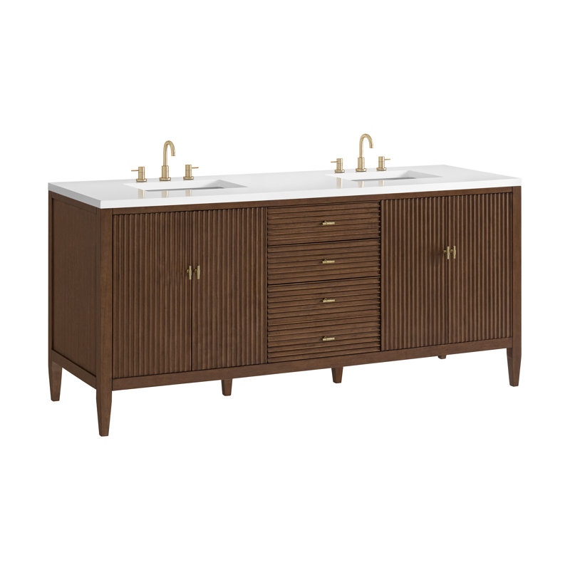 Myrrin 72'' W Double Vanity, Mid-Century Walnut, White Zeus, 8" Widespread