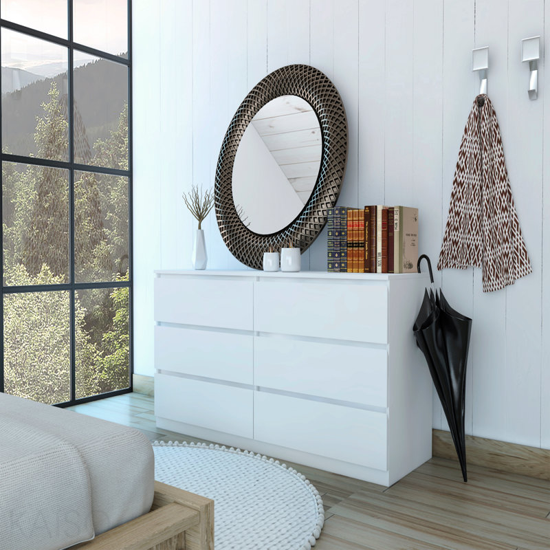 Commode double 6 tiroirs, poignées en métal - Blanc, Blanc, H 36,5 po x l 46 po x P 20 po