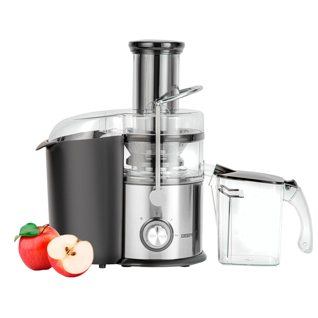 GEEPAS Juice Extractor, Centrifugal Juicer Machine - Whole Fruit & Vegetable Juicer - Stainless Steel Body & Extra Filter Basket - 75MM Wide Mouth wit