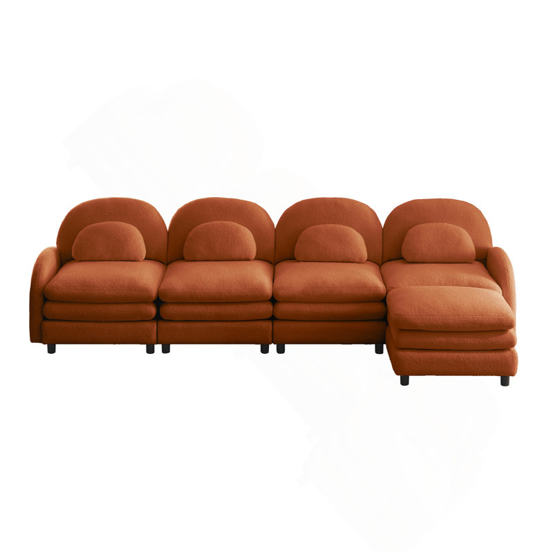 Canapé 4 places en tissu de style nuage Meka, dossier incurvé et accoudoirs avec coussins lombaires incurvés, canapé modulaire 4 places modulaire avec repose-pieds mobile et coussin de soutien à double couche, orange