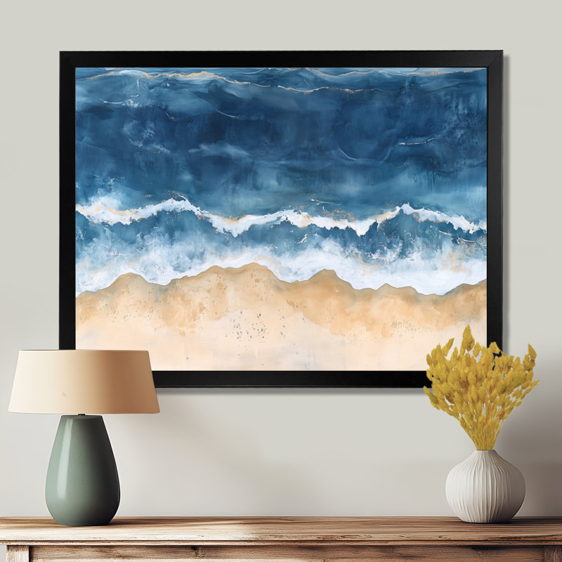 Vagues océaniques abstraites bleues et blanches rencontrant la côte III - Tableau encadré, H 24 po x l 32 po