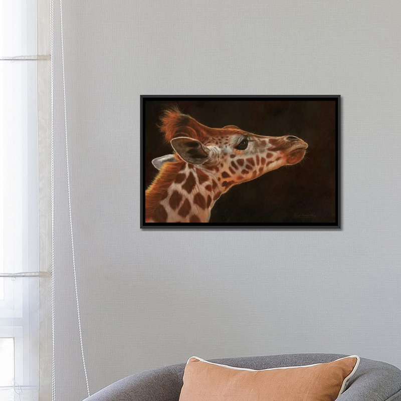 « giraffe portrait i », impression sur toile, H 18 po x l 26 po x P 1,5 po, Toile avec cadre noir, Pas de tapis