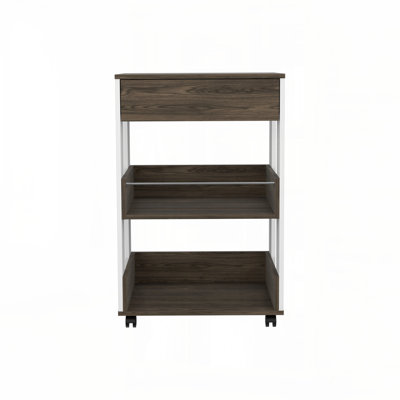 White and Dark Walnut 1-Drawer 2-Shelf Kitchen Cart with Caster