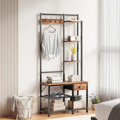 4-In-1 Entryway Hall Tree With Bench, Shoe Storage, 3 Shelves, Drawer, And 5 Hooks – Rustic Brown