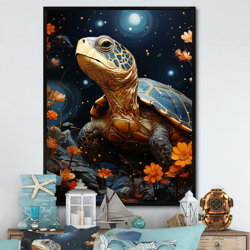 Tortue avec ciel étoilé sur toile, Cadre flottant noir, H 32 po x l 24 po x P 1 po