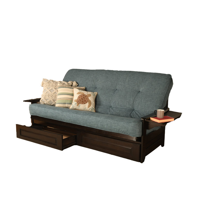 Stratford Queen 87'' Upholstered Futon And Mattress, Espresso, Linen Aqua