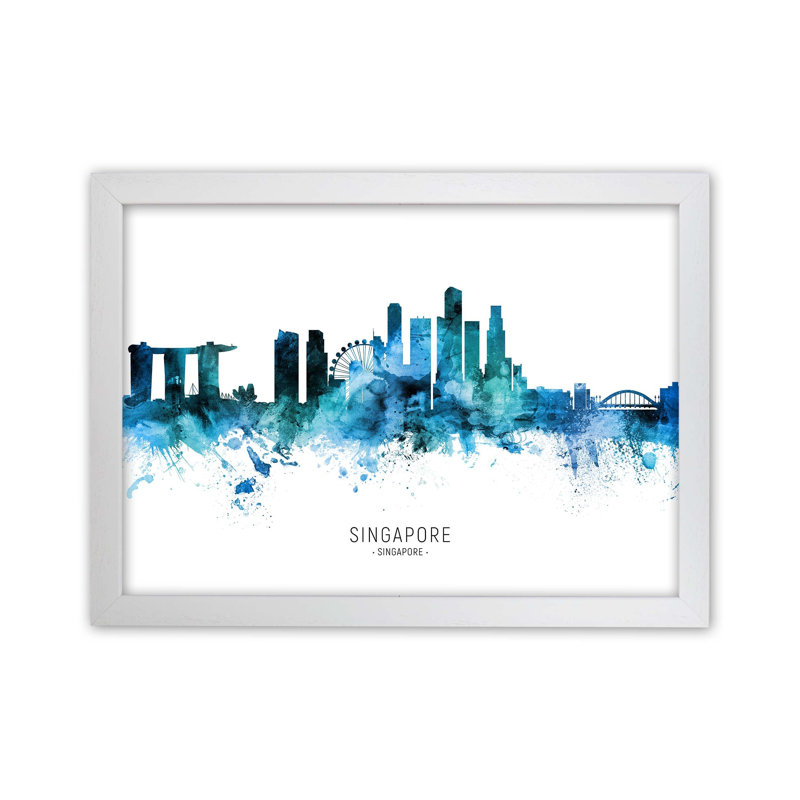 Singapore Skyline Blue City Name by Michael Tompsett - Print, White Framed, 25cm H x 34cm W x 3cm D