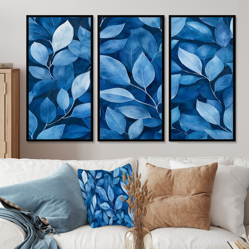 Indigo feuilles feuillage collage I - feuilles, art mural sur toile - 3 panneaux, Noir, H 32 po x l 48 po