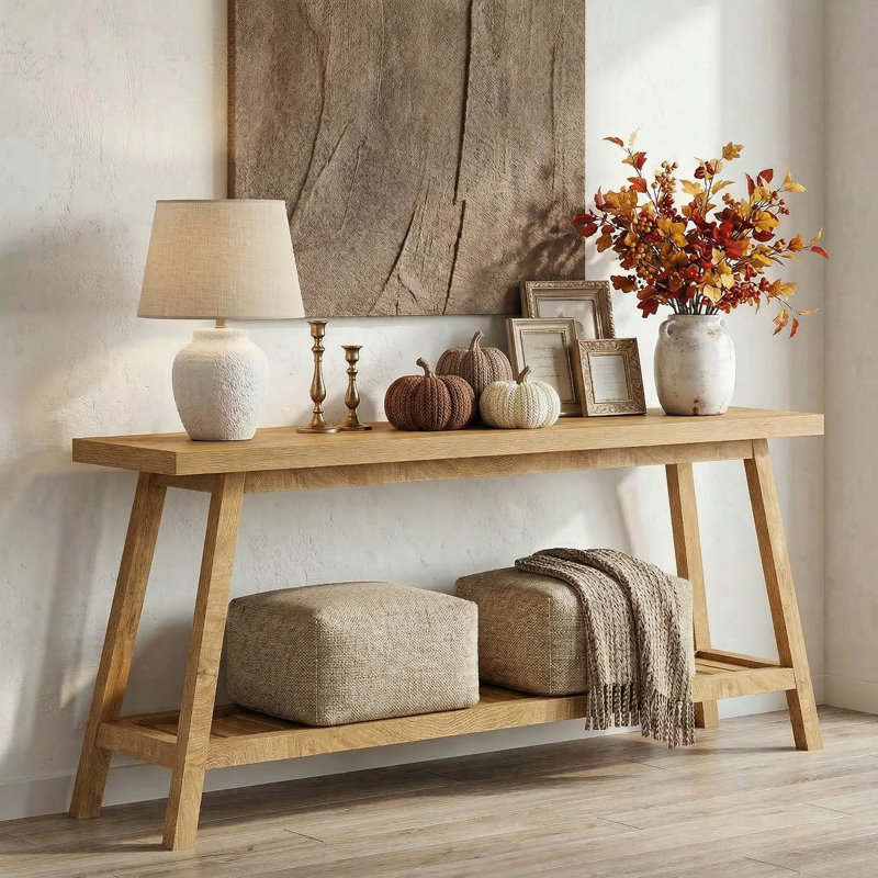 71-Inch Rustic Console Table for Entryway, 2-Tier Wooden Soafa Table, Natural Brown