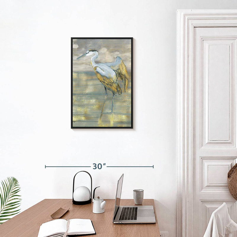 Héron bleu doré, Cadre flottant noir, 17 po x 25 po