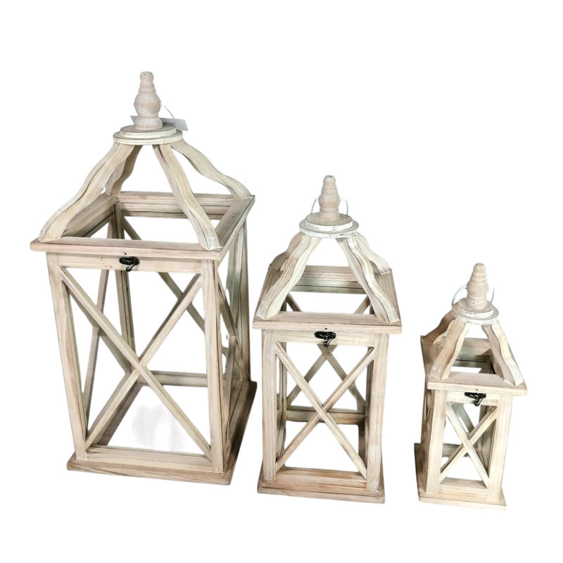3 Piece Wood Floor Lantern Set