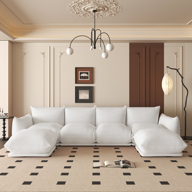 Canapé modulaire rembourré en tissu 4 places avec 2 repose-pieds Cath, Chenille beige