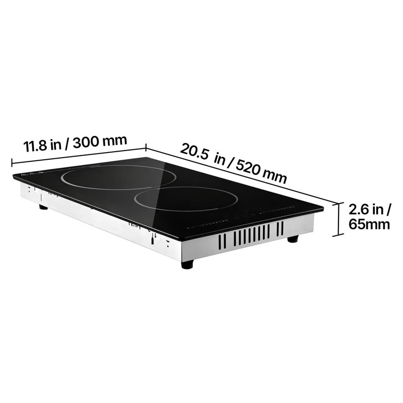 Plaque de cuisson électrique, 12 po, 2 brûleurs, surface de cuisson portative en céramique 1800 W, commande tactile, 9 niveaux de chaleur, 120 V